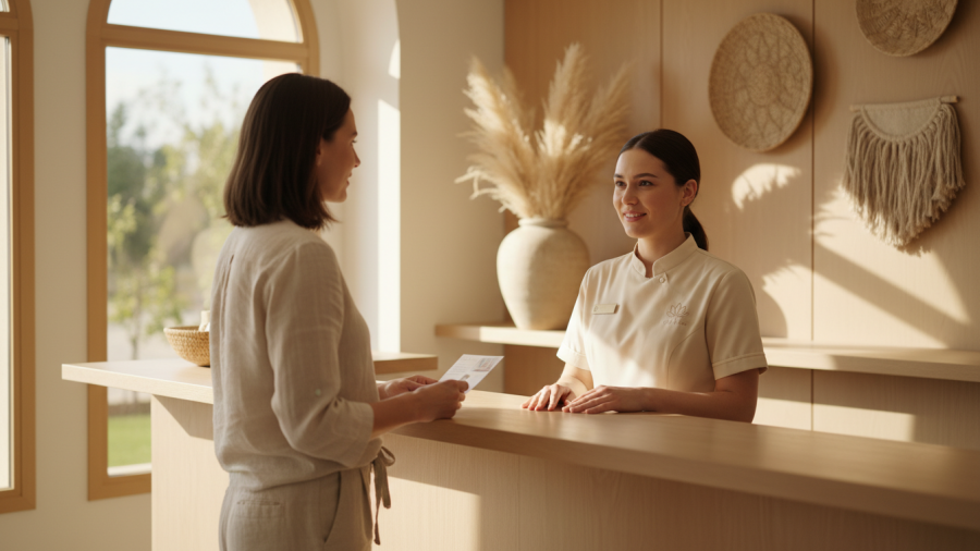 Spa receptionist listening attentively to a guest, embodying calm and ease.