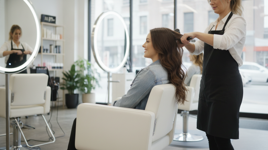 Woman in salon chair experiencing hair color maintenance between appointments.