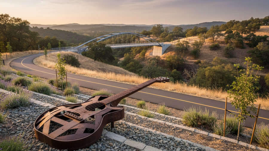 Guitar sculpture on Johnny Cash Trail, Folsom, surrounded by scenic views and oak trees.