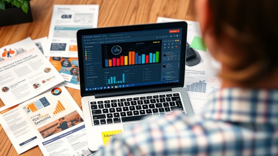 Laptop displaying a content marketing strategy dashboard with infographics and notes.