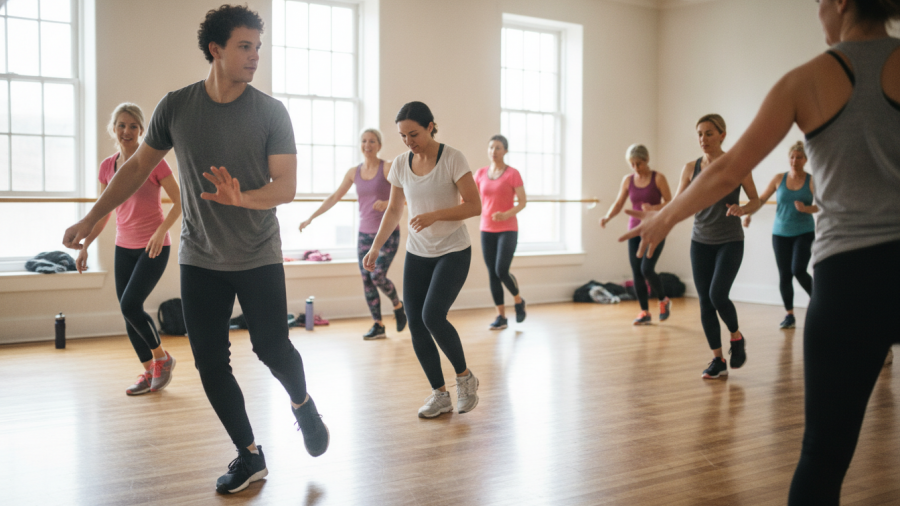 Diverse adults enjoy Sacramento dance fitness classes in a bright studio.