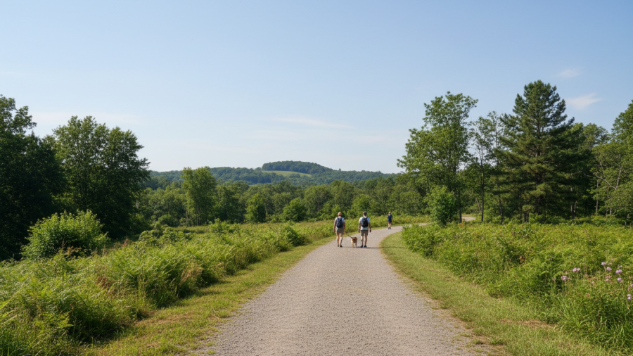 Bright open trail with clear sightlines, trimmed vegetation, and relaxed users.