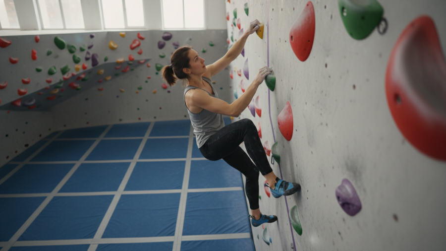 Climber using bouldering techniques in Sacramento, showcasing biomechanics on a colorful wall.