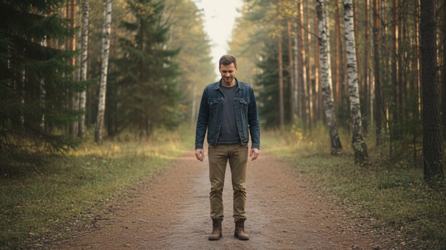 A reflective moment for men's mental health in a serene natural setting.