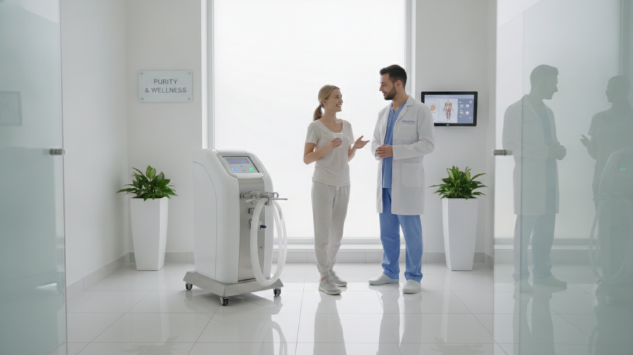Client and technician discuss colon hydrotherapy safety standards in a clean spa.
