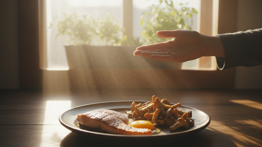 Warm sunlight on a kitchen counter with whole foods for healthy living.