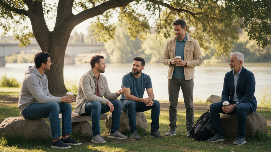 Men's mental health support in a relaxed outdoor setting, promoting emotional wellness.