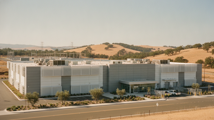 Modern data center in Sacramento, blending with dry California landscape.