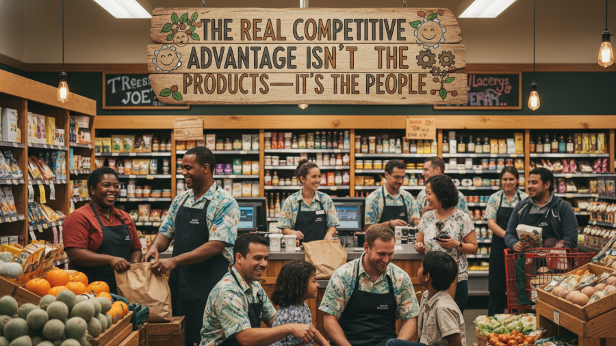 A vibrant Trader Joe's store showcasing customer loyalty through engaging employee interactions.