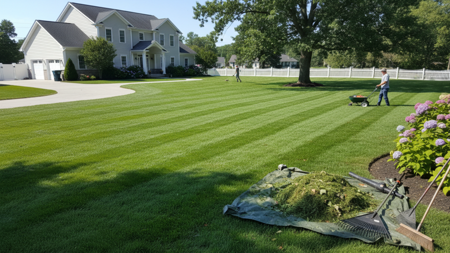 Lush landscaped yard with water feature showing what