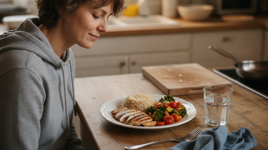 A cozy scene of a simple homemade meal featuring grilled chicken, brown rice, and seasonal vegetables.