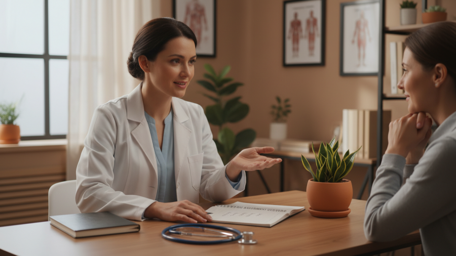 A physician discusses natural health and grounding with a patient.