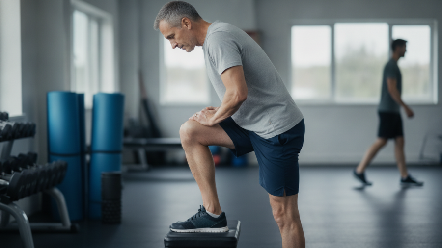 Middle-aged man demonstrating a static hamstring stretch for improved flexibility.