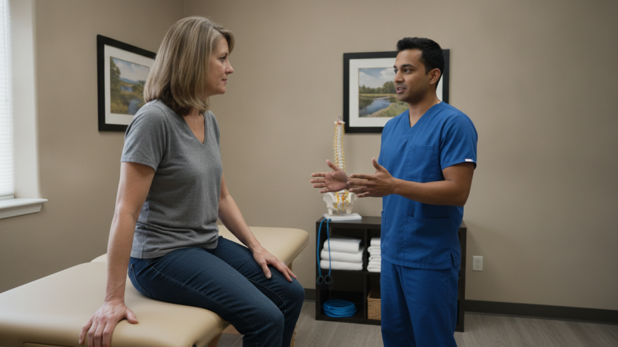 Patient discussing lower back and leg pain with a healthcare practitioner in a treatment room