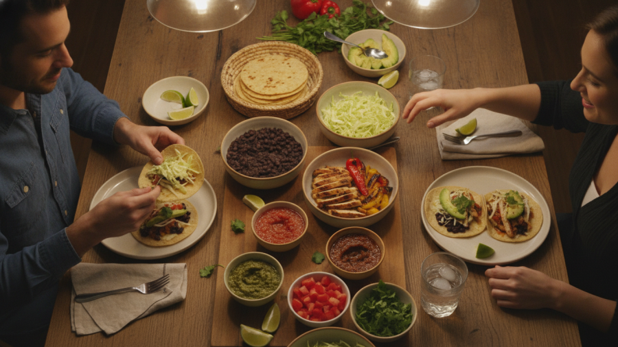 Two adults enjoying taco night at home, showcasing simple healthy meals with various fresh fillings.