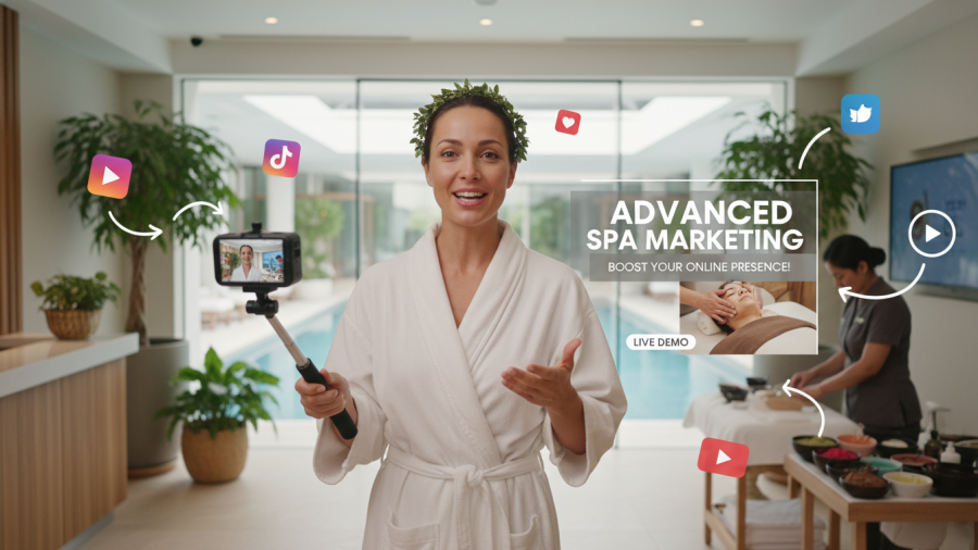 Wellness influencer filming a spa video tour to enhance online presence.