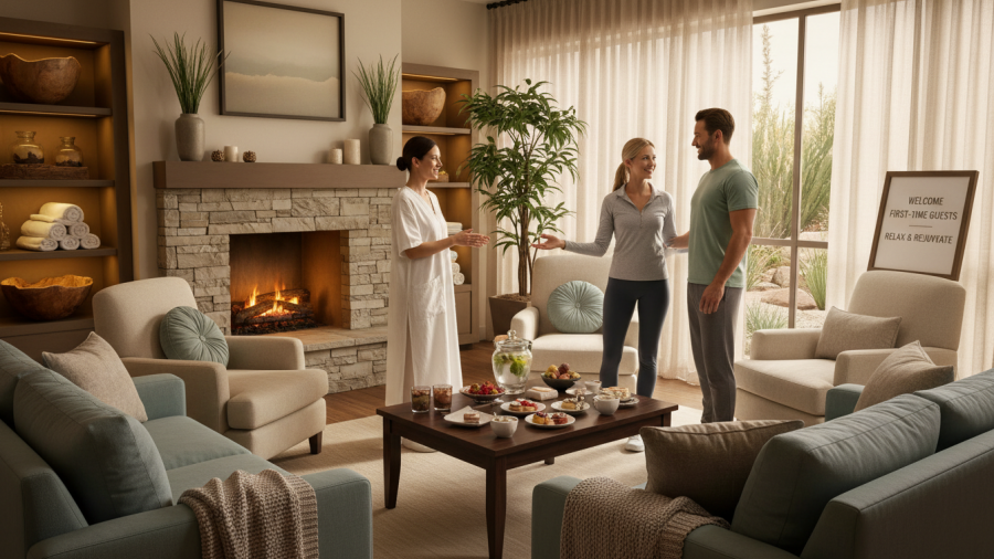 Cozy spa lounge in Nampa Idaho for first-time spa experience.