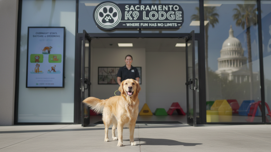Happy dog at modern facility entrance highlighting dog boarding costs Sacramento.