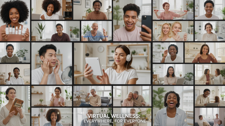 Diverse clients in homes engage in virtual care, showcasing accessibility and inclusivity.
