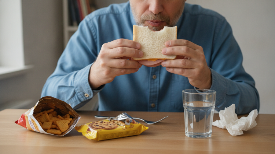 Middle-aged man enjoying ultra processed foods in Sacramento, exploring food structure.