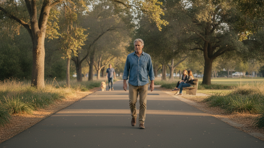 A contemplative man strolls through a tree-lined Sacramento path, embodying mindfulness in everyday life.