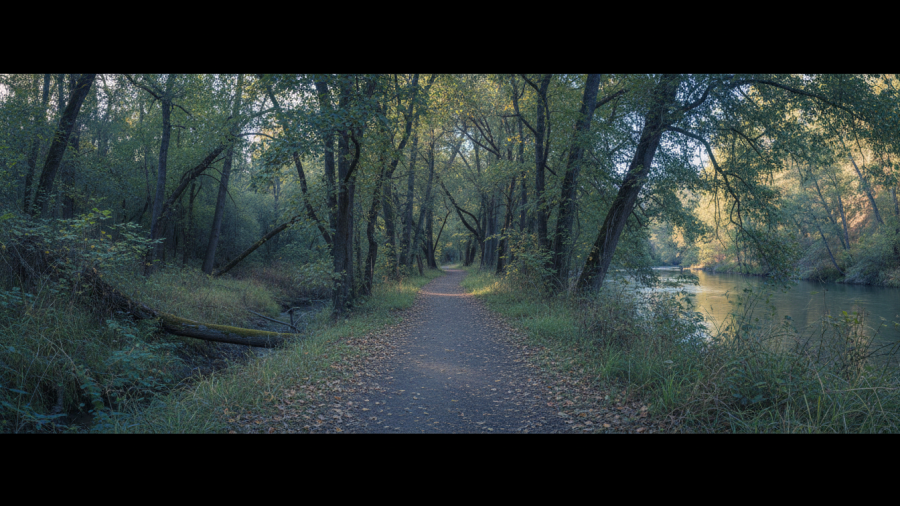 Tranquil riverbank trail with dense trees, offering a sense of isolation.