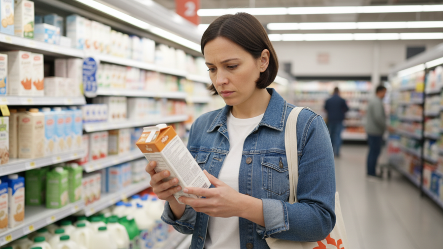 Person examining grocery store label thoughtfully, highlighting mindful shopping.