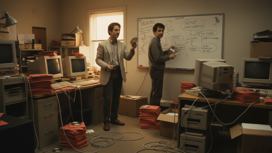 Cinematic still of Reed Hastings and Marc Randolph in early Netflix office, 1990s.