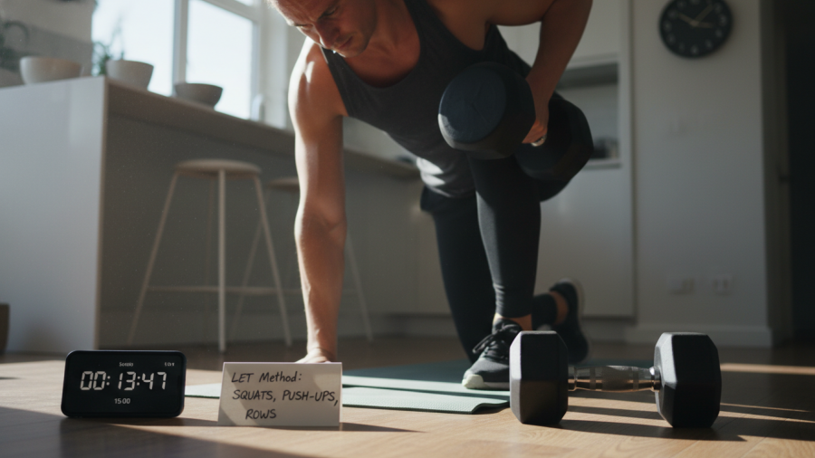 Busy adult doing effective workouts with dumbbells in a sunlit home setting.