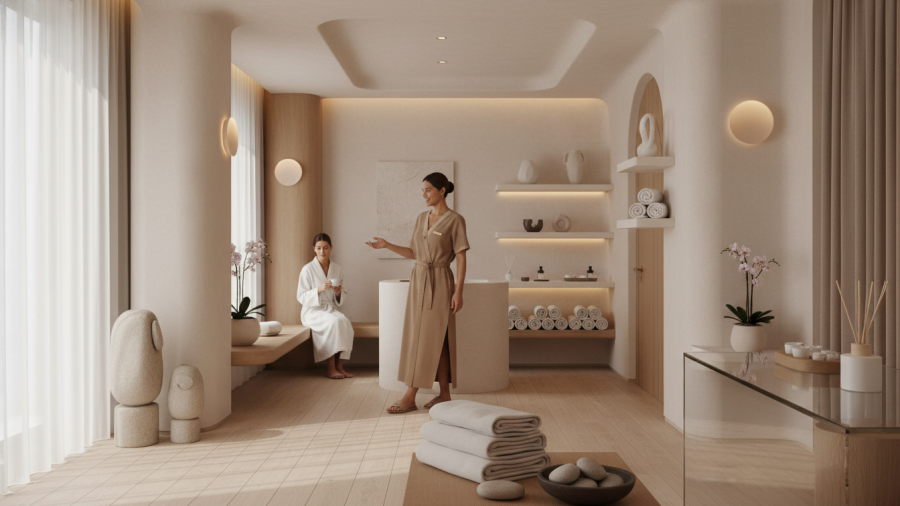 Serene spa interior with soft light, warm tones, and calm atmosphere.