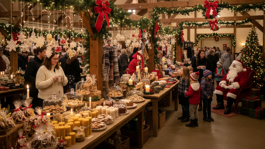 Cheerful holiday market at B Street Theatre Sacramento showcasing local vendors and traditions.