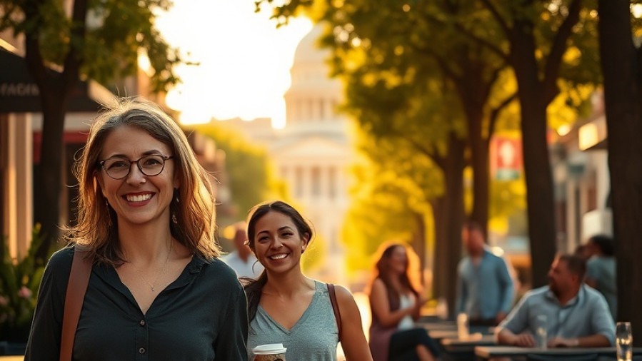 Golden-hour street scene in Sacramento with lifelike people enjoying outdoor cafés.