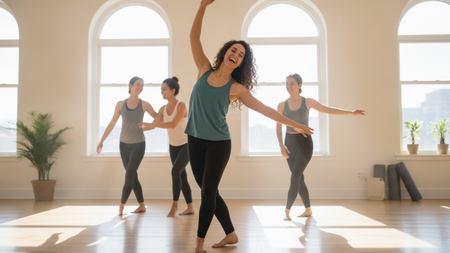 Joyful woman in sunlit dance studio, embodying the spirit of adult dance classes in Sacramento.