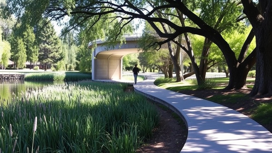 Serene UC Davis Arboretum path under a concrete bridge, surrounded by greenery.