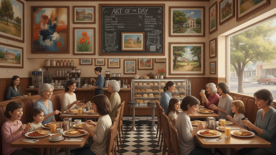 Art-inspired interior of a classic Sacramento breakfast diner with family guests.