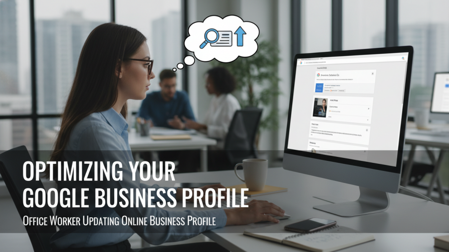 Office worker optimizing Google Business Profile online updates.