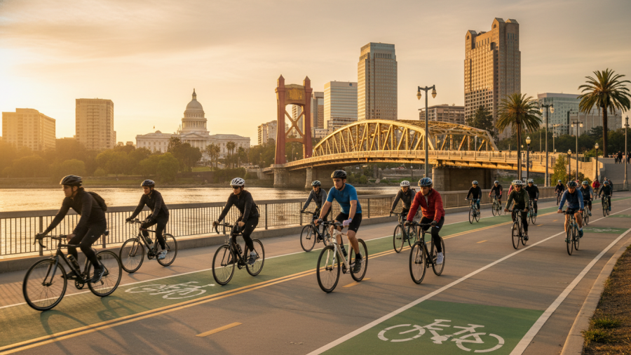 Sacramento cycling experts showcase bike lanes and cyclists under golden hour light.