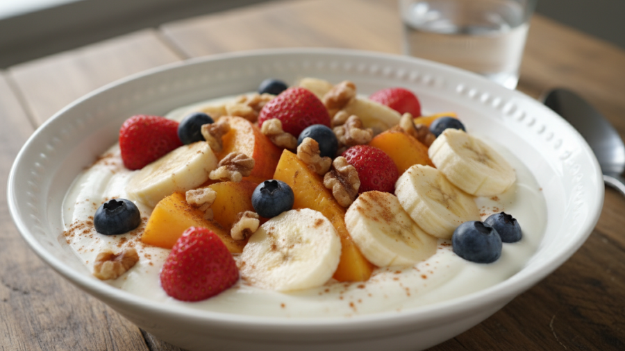 Healthy eating: plain Greek yogurt topped with fresh fruits and walnuts.
