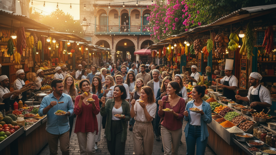Diverse crowd savoring vibrant walking food tours in a lively atmosphere.