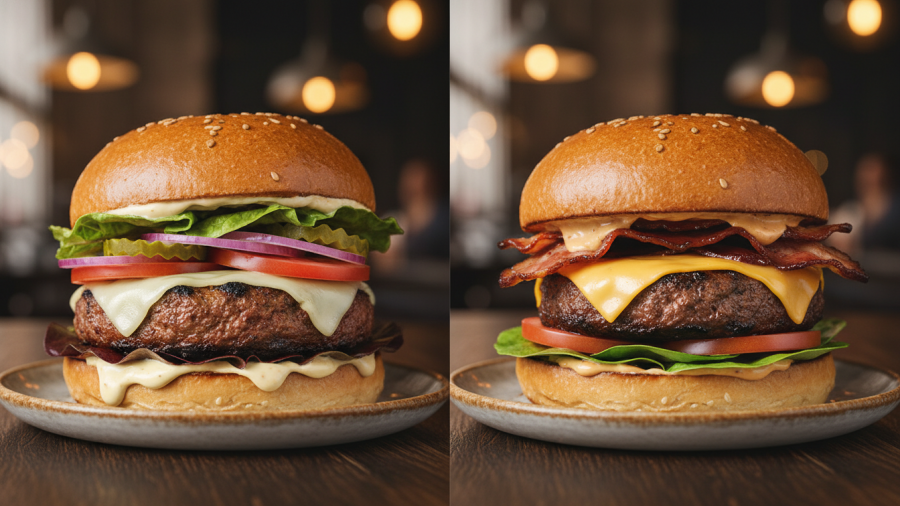 Realistic side-by-side comparison of healthy plant-based burger vs beef burger.