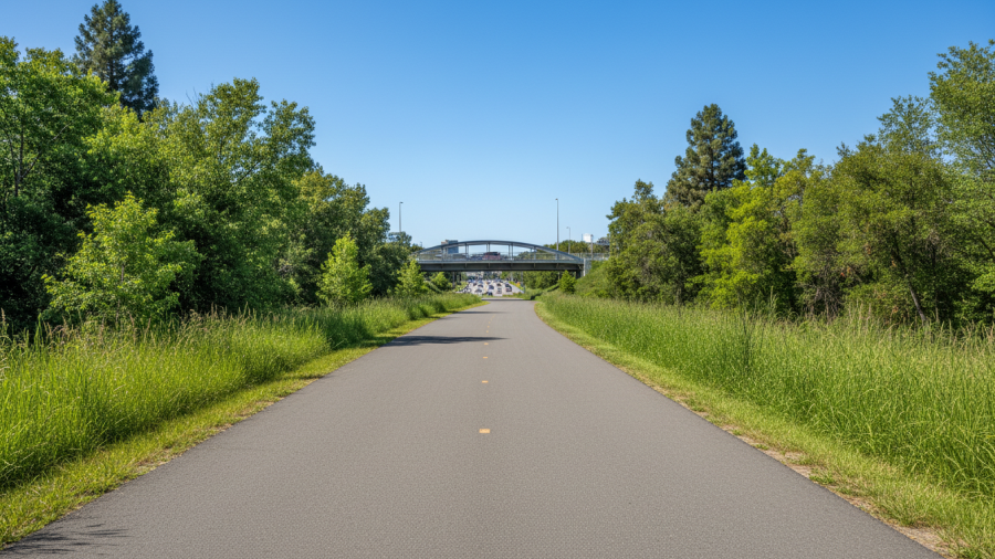 Enjoy walking or cycling on the paved multi-use trail in Sacramento's parks, enhancing community engagement.