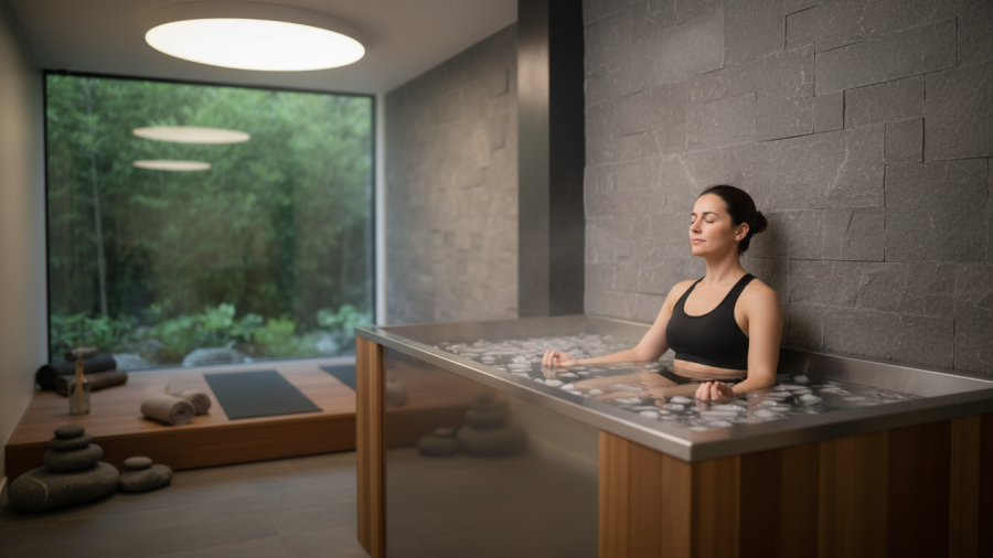 Person in Sacramento cold water immersion tub for stress relief and health.