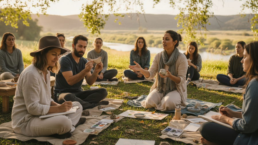A candid scene of people enjoying a creative workshop in scenic Sacramento.