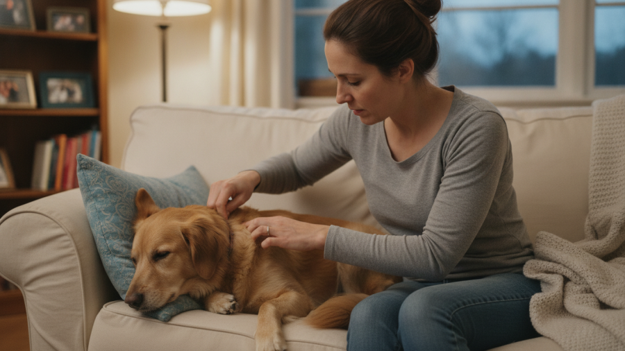 Dog owner notices a lump while petting their dog at home, indicating dog lumps.