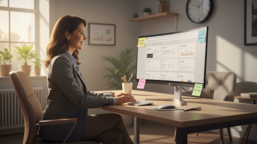 Confident business owner in bright office updating website with data-driven SEO strategies.