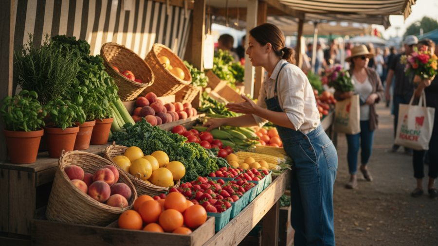 Colorful seasonal produce at Midtown Farmers Market, showcasing fresh fruits and vegetables.