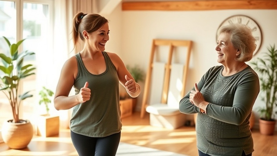 Trainer supports healthy aging through balance exercises in a fitness community.