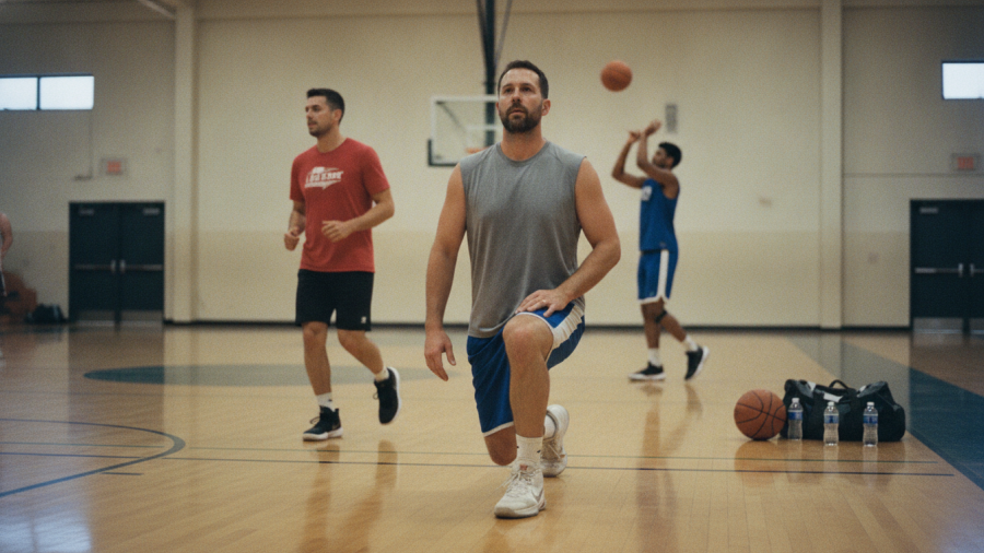 A man performs a walking lunge as part of his warmup, highlighting how to improve flexibility.
