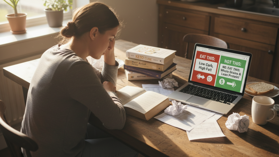 A person reflects on fitness nutrition at a cluttered kitchen table, feeling the exercise diet connection.