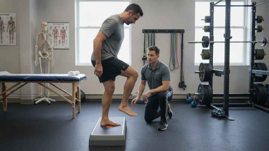 Adult male athlete performs step-down exercise under therapist's guidance, blending rehab and strength training.